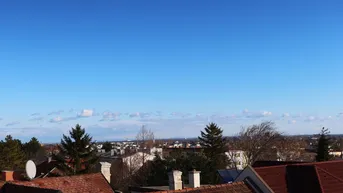 Weitläufiger Blick über Dächer, Bäume und die umliegende Landschaft unter blauem Himmel.