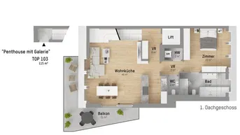 Expose Malerisches 3-Zimmer Penthouse mit Galerie nur 290 m vom Wasser entfernt. Deckenkühlung