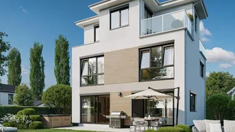 Moderne Stadtvilla mit großem Garten, Terrasse, Outdoor-Sitzbereich und Whirlpool.