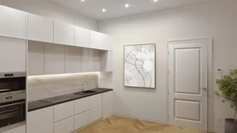 Moderne Einbauküche mit weißen Schränken, dunkler Arbeitsplatte und Fischgrätparkettboden.