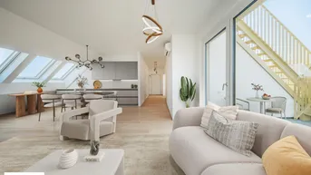 Heller, offener Wohn- und Essbereich mit integrierter Küche, Dachfenstern und Zugang zur Dachterrasse.