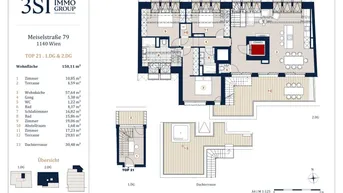 Grundriss der Maisonette-Wohnung TOP 21 über zwei Dachgeschosse mit Dachterrasse und Kamin.