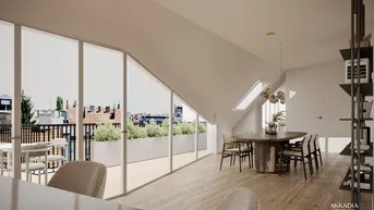 Heller Wohn- und Essbereich mit Holzboden, Dachschrägen und großzügigem Zugang zur Terrasse.