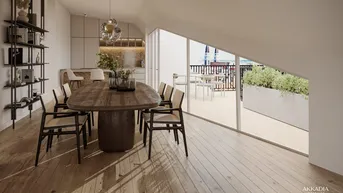 Moderner Essbereich mit Holzboden, großem Esstisch und Zugang zur Dachterrasse.