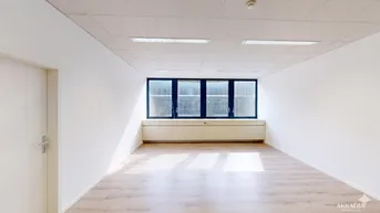 Geräumiges, leeres Büro mit großen Fenstern und hellem Laminatboden, bereit zur individuellen Gestaltung.