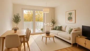Helles, modern eingerichtetes Wohn-Esszimmer mit Holzboden und Zugang zu einem Balkon.