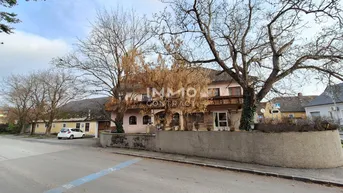Traditionelles Gebäude mit Balkonen und kahlen Bäumen an einer Straße.