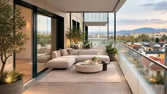 Geräumiger Balkon mit moderner Lounge-Möblierung und weitem Blick über die Stadt und die umliegende Landschaft.