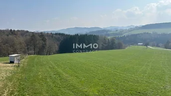 Weitläufige grüne Landschaft mit Wäldern und Hügeln unter einem klaren blauen Himmel.