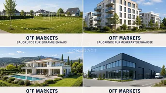 Collage zeigt verschiedene Baugrundstücke und Immobilienarten, darunter Einfamilienhäuser, Mehrparteienhäuser, Villen und Gewerbeobjekte.