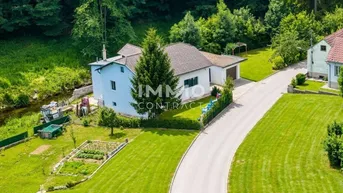 Luftaufnahme eines Hauses mit großem Garten, Zufahrt und angrenzendem Bachlauf in grüner Umgebung.