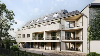 Moderne Wohnanlage mit mehreren Balkonen und Dachfenstern, umgeben von Grünflächen.