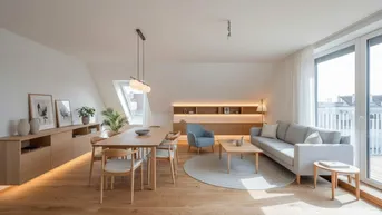 Heller, modern eingerichteter Wohn-Essbereich mit Holzboden, großen Fenstern und Zugang zur Terrasse.