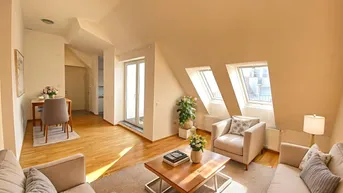 Expose Moderne Dachgeschosswohnung mit großer Terrasse nahe Arthaberplatz in ruhiger Seitengasse! Hohe Decken und Traumbad mit Fenster