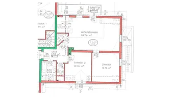 Detaillierter Grundriss einer Wohnung mit Wohnzimmer, Küche, zwei Schlafzimmern, Bad und separatem WC sowie Balkonzugang.