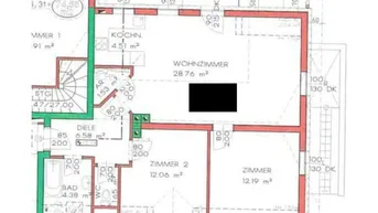 Detaillierter Grundriss einer Wohnung mit Wohnzimmer, Küche, zwei Zimmern, Bad, separatem WC und Balkon.