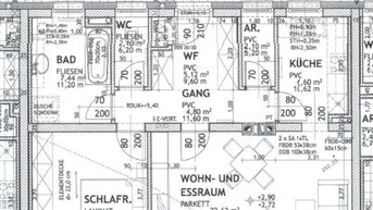 Grundriss einer Wohnung mit Schlafzimmer, Bad, Wohn- und Essbereich, Küche, Loggia und Terrasse.