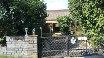 Vorderansicht eines Hauses hinter einem Zaun und üppigem Grün, mit einer Einfahrt.