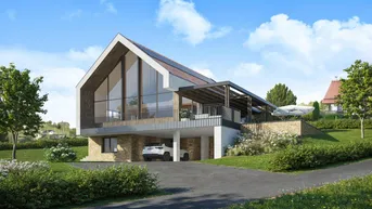 Moderne Architektur mit großen Glasflächen, Carport und Photovoltaikanlage in grüner Umgebung.
