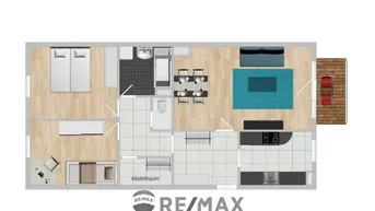 Grundriss der Wohnung mit Schlafzimmern, Wohnbereich, Küche und Balkon.
