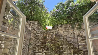 Blick aus einem Fenster auf einen charmanten Garten mit alten Steinmauern und blühenden Büschen.