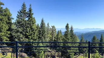 Panoramablick auf die bewaldeten Berge und Täler von einem Balkon mit schmiedeeisernem Geländer.