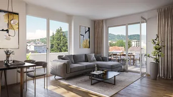 Helles Wohnzimmer mit modernem Sofa, Holzboden und Zugang zu einem Balkon mit Bergblick.