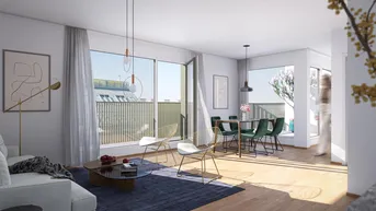 Helles, offenes Wohn-Esszimmer mit Holzboden, großen Fenstern und Zugang zu einer Terrasse.