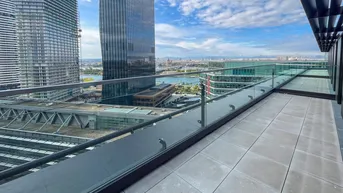 Große Terrasse mit Glasgeländer und weitem Blick über die Stadt und den Fluss.