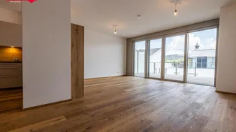 Heller Wohnbereich mit Holzboden und Zugang zu einer großen Terrasse mit Bergblick.