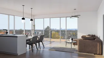 Heller, offener Wohn- und Essbereich mit großen Fenstern, Holzboden und Stadtblick.