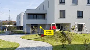 Modernes Mehrfamilienhaus mit gepflastertem Weg, Grünflächen und Kinderspielplatz im Freien.