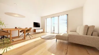Heller Wohn- und Essbereich mit Holzboden, Zugang zum Balkon und moderner Einrichtung.