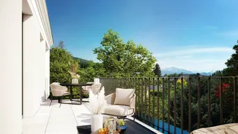 Geräumiger Balkon mit modernen Gartenmöbeln und weitem Blick ins Grüne und auf Berge.