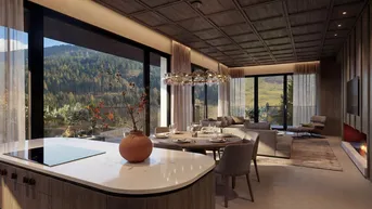 Offener Wohnbereich mit moderner Küche, Essbereich und Kamin, bietet einen weiten Blick auf die umliegende Berglandschaft.