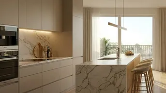 Moderne Küche mit beigefarbenen Schränken, Marmorarbeitsplatten und großem Fenster mit Ausblick.
