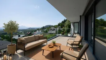 Geräumige Terrasse mit modernen Outdoor-Möbeln und weitem Blick über die Stadt und Berge.