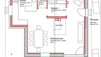 Grundriss des Erdgeschosses mit Küche, Wohnzimmer, Bibliothek und Terrasse.