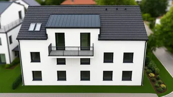 Moderne weiße Fassade eines Neubaus mit dunklem Dach und kleinem Balkon.