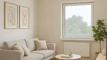 Helles Wohnzimmer mit modernem Sofa, Couchtisch und Blick ins Grüne durch das Fenster.