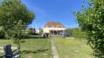 Großer Garten mit Rasenfläche, Bäumen und einem Trampolin hinter dem Haus.