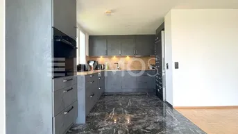 Moderne Küche mit dunklen Schränken, glänzenden Marmorfliesen und integrierten Geräten.