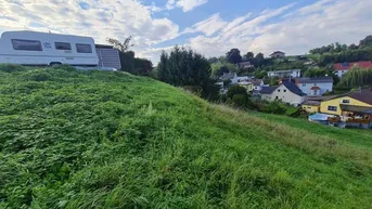 Grüner Hügel mit Wohnwagen und Blick auf die umliegende Wohnsiedlung unter bewölktem Himmel.