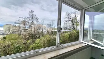 Blick aus dem Fenster auf grüne Bäume und die umliegende Bebauung unter bewölktem Himmel.