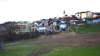 Panoramablick auf ein charmantes Dorf mit Kirche, umgeben von grünen Feldern und sanften Hügeln.