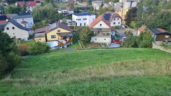 Blick über eine ländliche Wohnsiedlung mit Einfamilienhäusern und grünen Hügeln unter blauem Himmel.