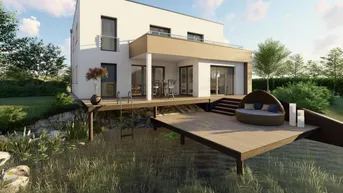 Modernes Einfamilienhaus mit großer Holzterrasse, Liegebereich und Zugang zum Wasser.