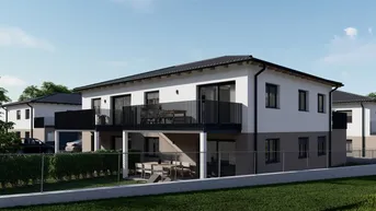 Moderne Neubau-Doppelhaushälfte mit Balkonen und Terrassen in grüner Umgebung.
