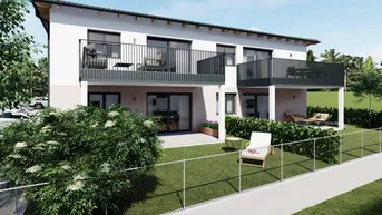 Moderne Wohnanlage mit Balkonen, Terrassen und privaten Gärten, umgeben von Grünflächen.