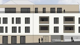 Architektonische Zeichnung eines modernen Mehrfamilienhauses mit Dachterrasse, Balkonen und Tiefgaragenzufahrt.